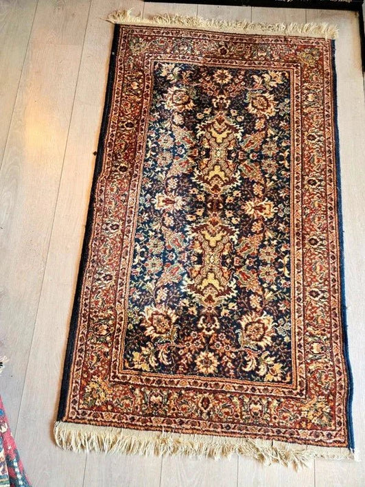 Vintage Persian - Style Wool Runner – Deep Navy & Crimson Floral - Yatva
