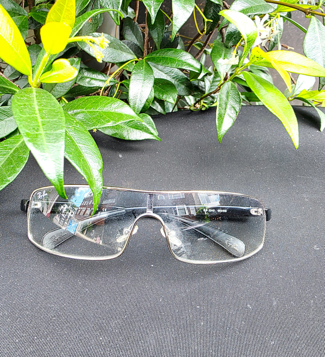 Vintage Ray-Ban RB 3243 Shield Sunglasses - Y2K Silver & Black Wraparound Visor - Yatva