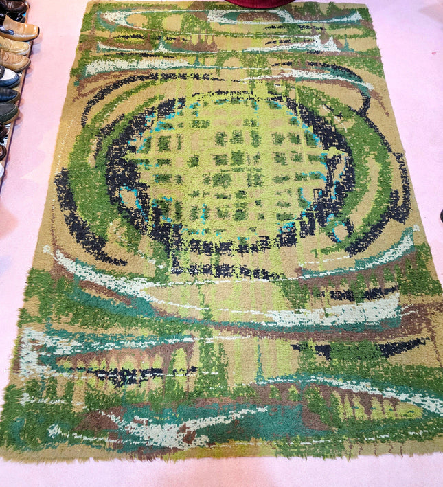 Vintage "Rya" Green Terrain Wool Rug - Yatva