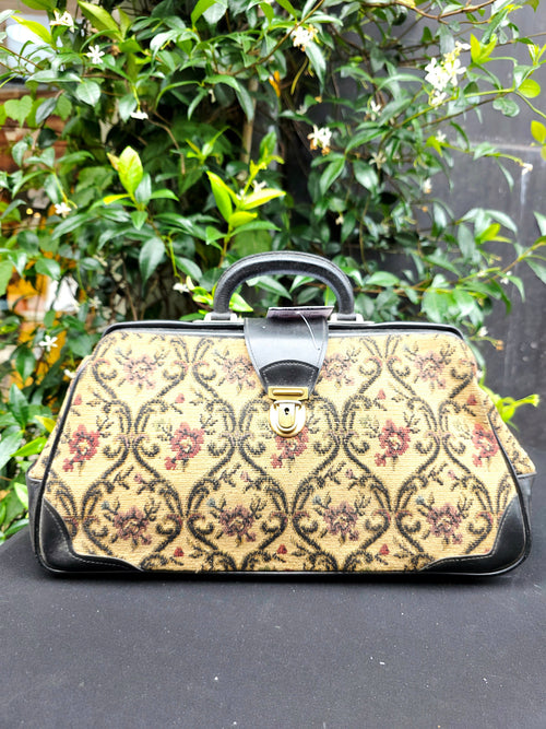 Vintage Tapestry Doctor Bag | Mid-Century Floral Carpet Bag Satchel