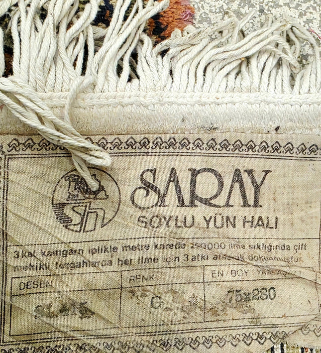 Vintage Turkish Saray "Soylu" Runner Rug - 100% Wool - 75x250 cm - Classic Anatolian Design - Yatva