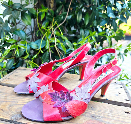 Vintage Voldini of Florence Red Leather Leaf Slingback Heels Shoes - Yatva