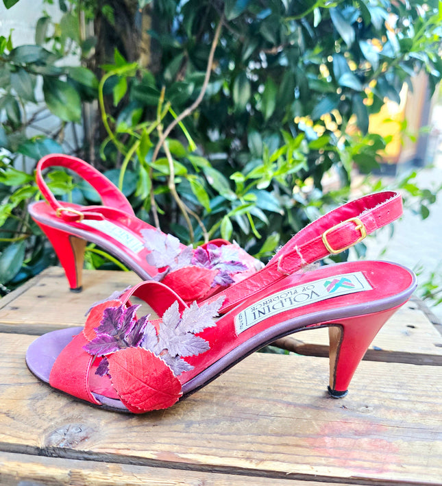 Vintage Voldini of Florence Red Leather Leaf Slingback Heels Shoes - Yatva