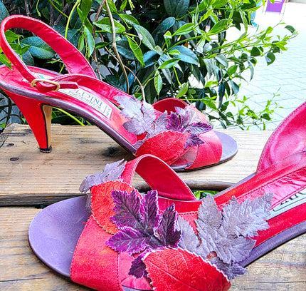 Vintage Voldini of Florence Red Leather Leaf Slingback Heels Shoes - Yatva