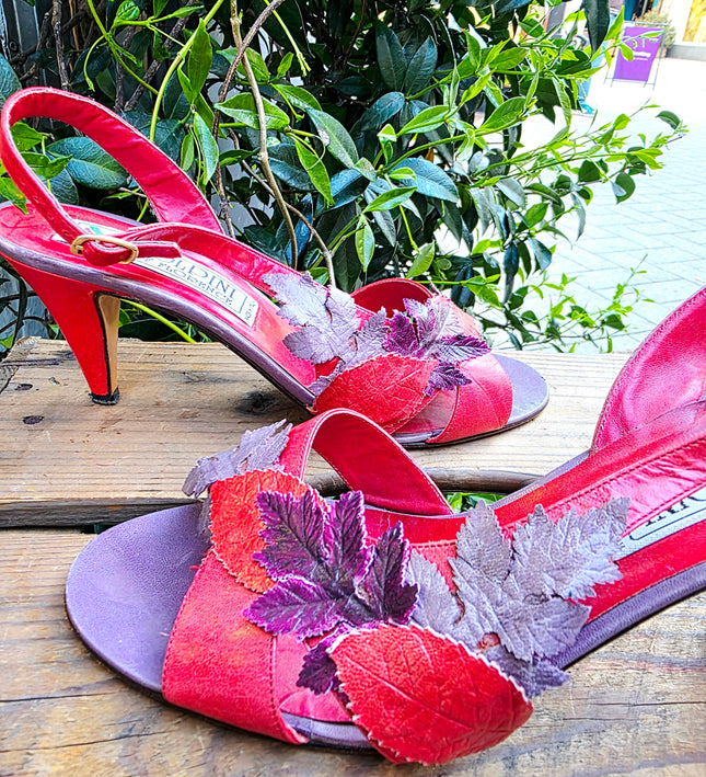 Vintage Voldini of Florence Red Leather Leaf Slingback Heels Shoes - Yatva